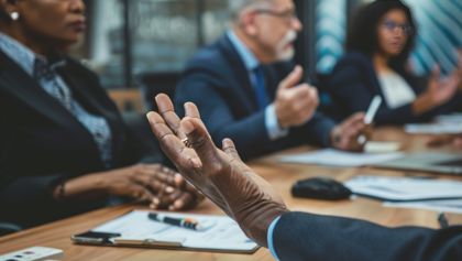 Group collaborating at table, one participants hands gesturing Group collaborating at table, one participants hands gesturing