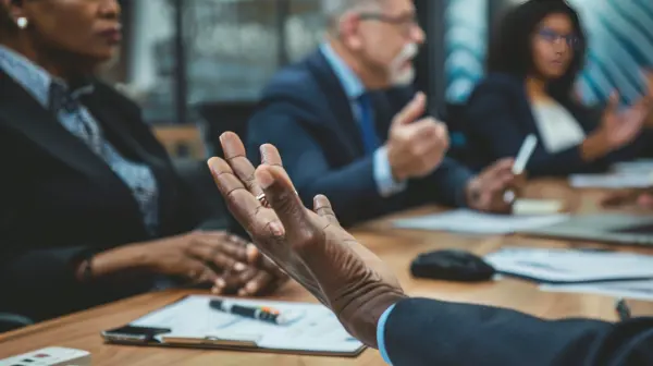 Group collaborating at table, one participants hands gesturing Group collaborating at table, one participants hands gesturing