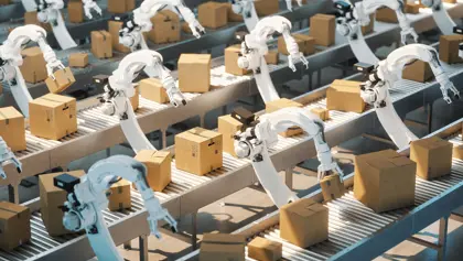 Robots with boxes in a manufacturing plant Robots with boxes in a manufacturing plant