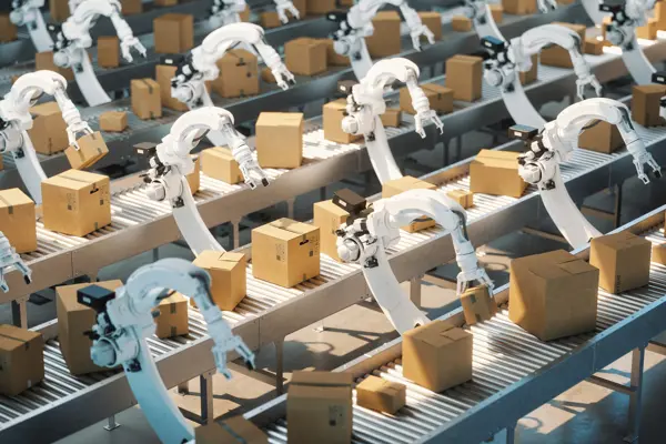 Robots with boxes in a manufacturing plant Robots with boxes in a manufacturing plant