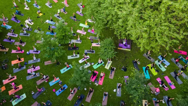 Large group of people doing yoga in a park on colorful yoga mats Large group of people doing yoga in a park on colorful yoga mats